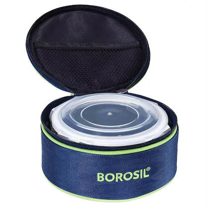 Borosil Glass 620ml Tiffin Lunch Box with Blue Carry Bag – Airtight & Leak-Proof Single Container, Durable 360g Glass, Compact Food Storage for Office, School & Travel