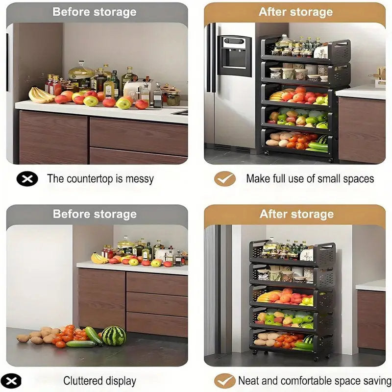 Multi Layer Movable Multipurpose Storage Rack with Wheels for Fruits, Vegetables, Snacks, Makeup, and Bathroom Essentials