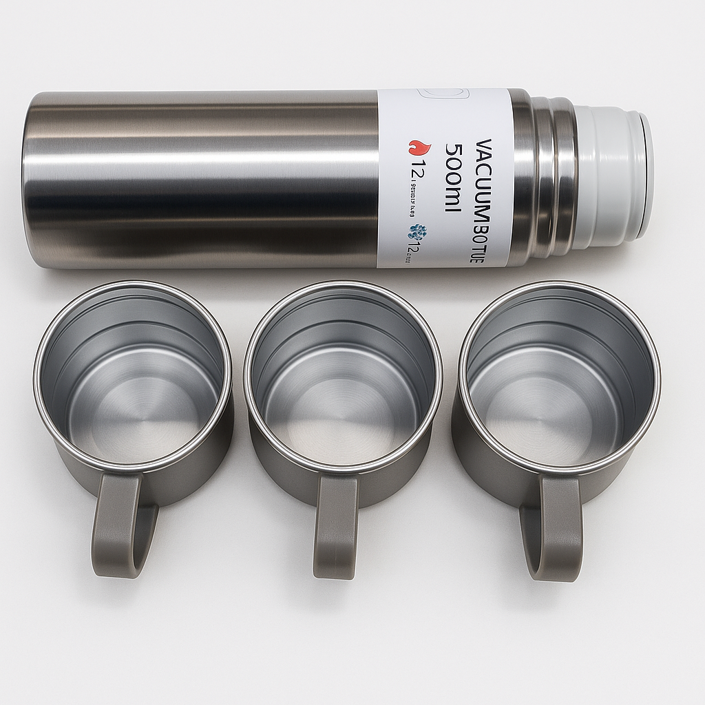 500ml Stainless Steel Double Wall Vacuum Flask with 3 Cup Lids – 12 Hours Hot & Cold Insulated Bottle for Outdoor, Office & Travel Use