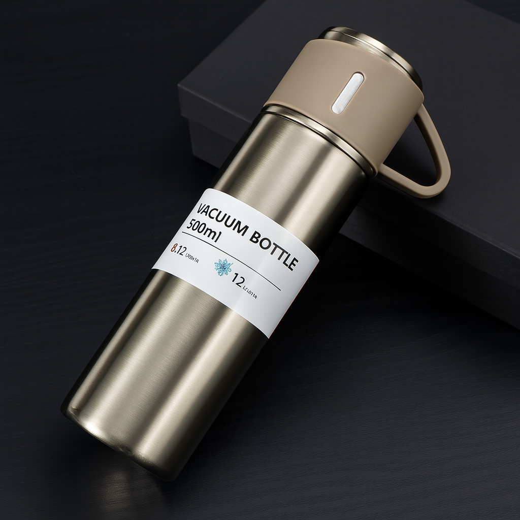 500ml Stainless Steel Double Wall Vacuum Flask with 3 Cup Lids – 12 Hours Hot & Cold Insulated Bottle for Outdoor, Office & Travel Use