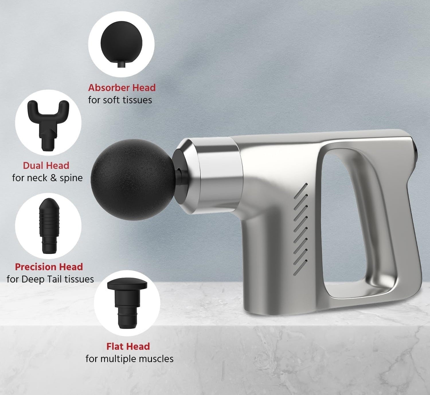 Deep Tissue Multifunctional Fascial Massage Gun with 5-Speed Adjustment, Noise Reduction & 4 Interchangeable Heads for Muscle Recovery & Pain Relief