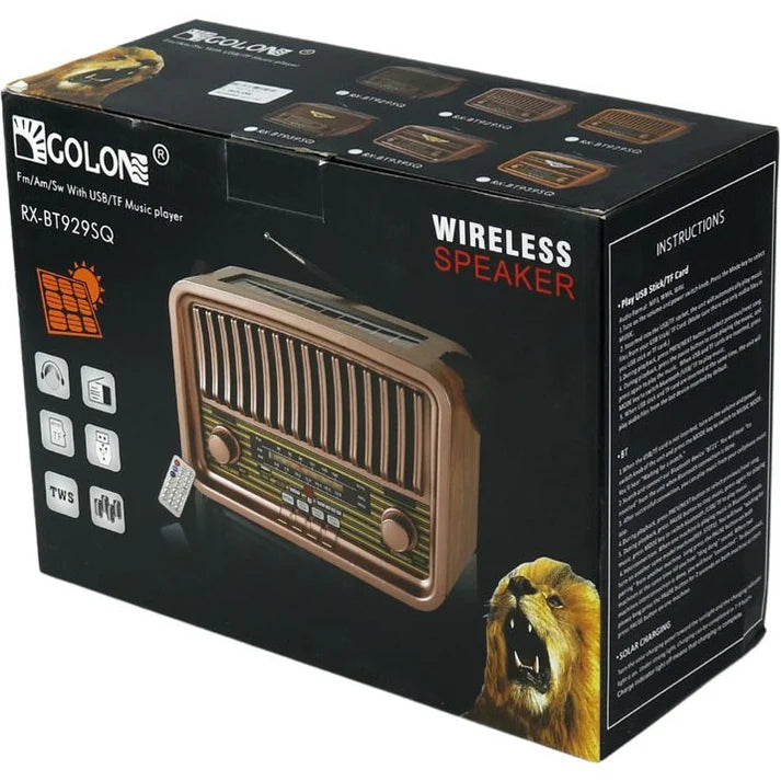 Vintage Multi-Function Rechargeable Solar Bluetooth Speaker with Radio, 2.4G Audio & Card Slot with Remote