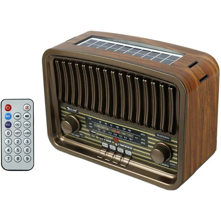 Vintage Multi-Function Rechargeable Solar Bluetooth Speaker with Radio, 2.4G Audio & Card Slot with Remote