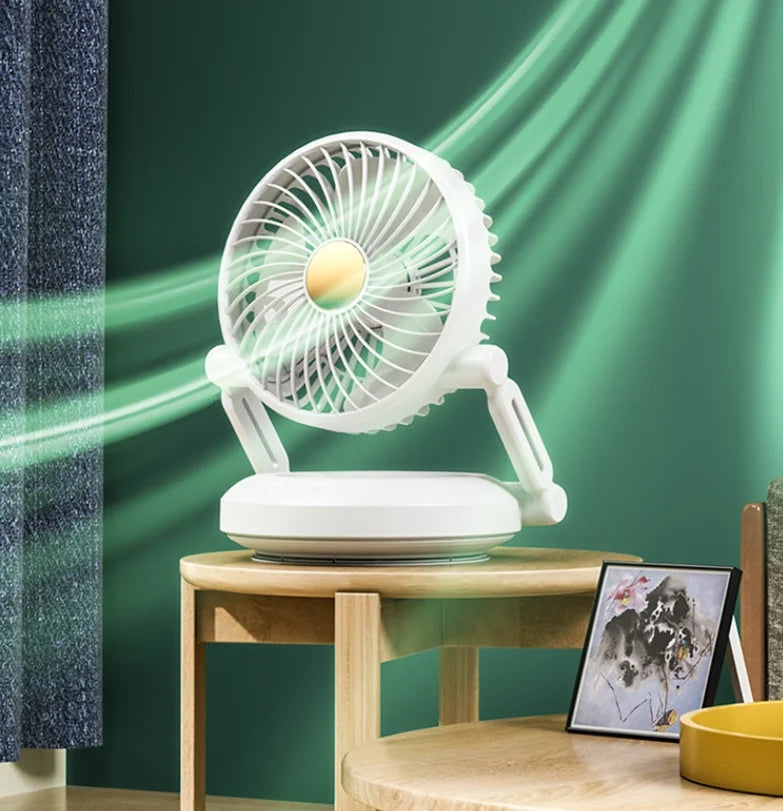 Foldable Rechargeable Desk Fan with Night Light & 3-Speed Powerful Airflow – Wall Mountable & Compact Travel Cooling Solution