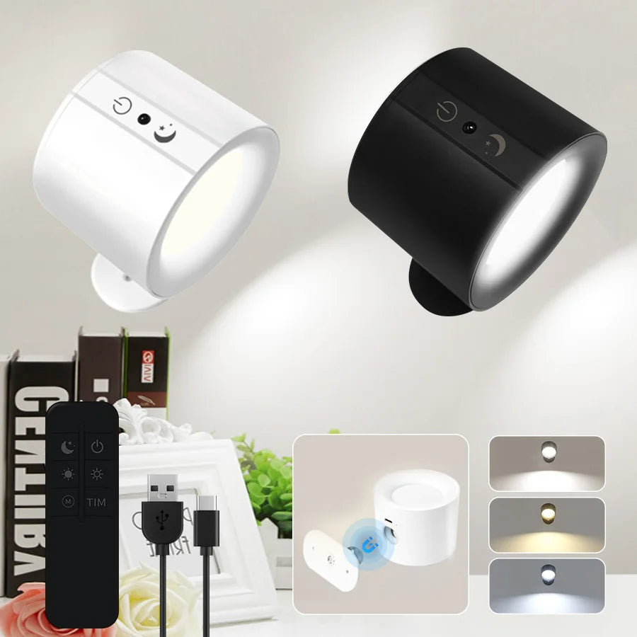 Elegant 360° Rechargeable Magnetic Wall Lamp with Remote Control, Touch Switch, 3 Brightness Levels & 3 Color Temperatures - Adjustable Rotation Night Light for Bedroom, Study & Living Room