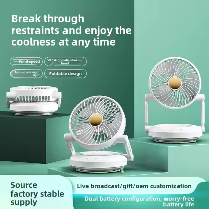 Foldable Rechargeable Desk Fan with Night Light & 3-Speed Powerful Airflow – Wall Mountable & Compact Travel Cooling Solution