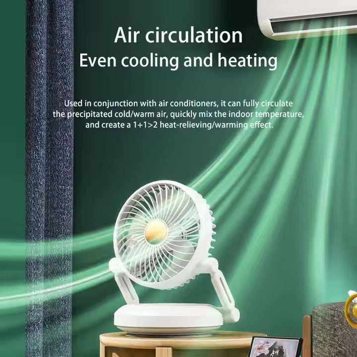 Foldable Rechargeable Desk Fan with Night Light & 3-Speed Powerful Airflow – Wall Mountable & Compact Travel Cooling Solution
