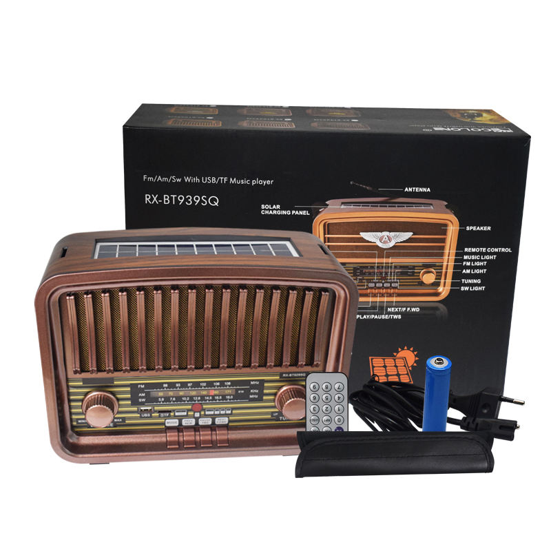 Vintage Multi-Function Rechargeable Solar Bluetooth Speaker with Radio, 2.4G Audio & Card Slot with Remote
