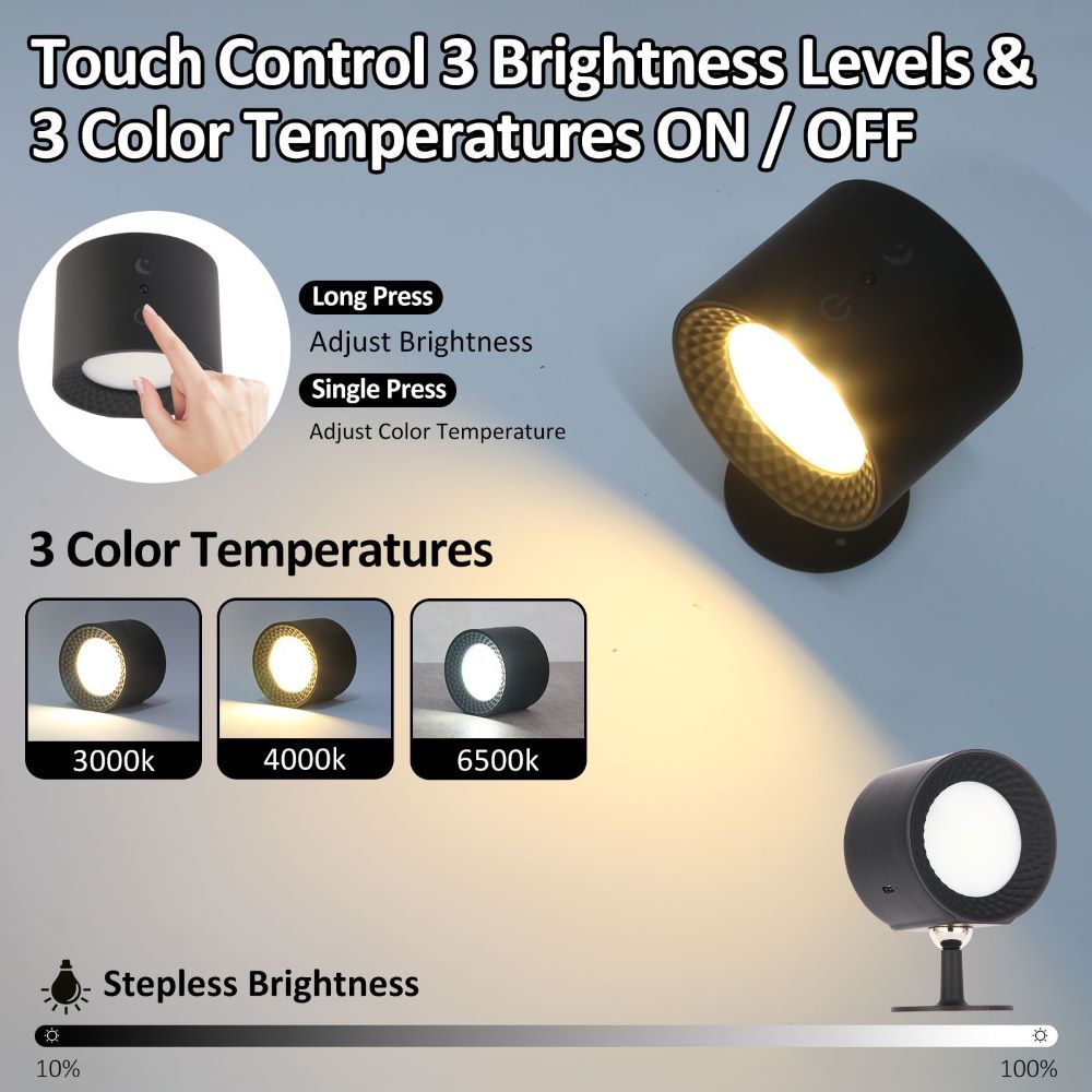 Elegant 360° Rechargeable Magnetic Wall Lamp with Remote Control, Touch Switch, 3 Brightness Levels & 3 Color Temperatures - Adjustable Rotation Night Light for Bedroom, Study & Living Room