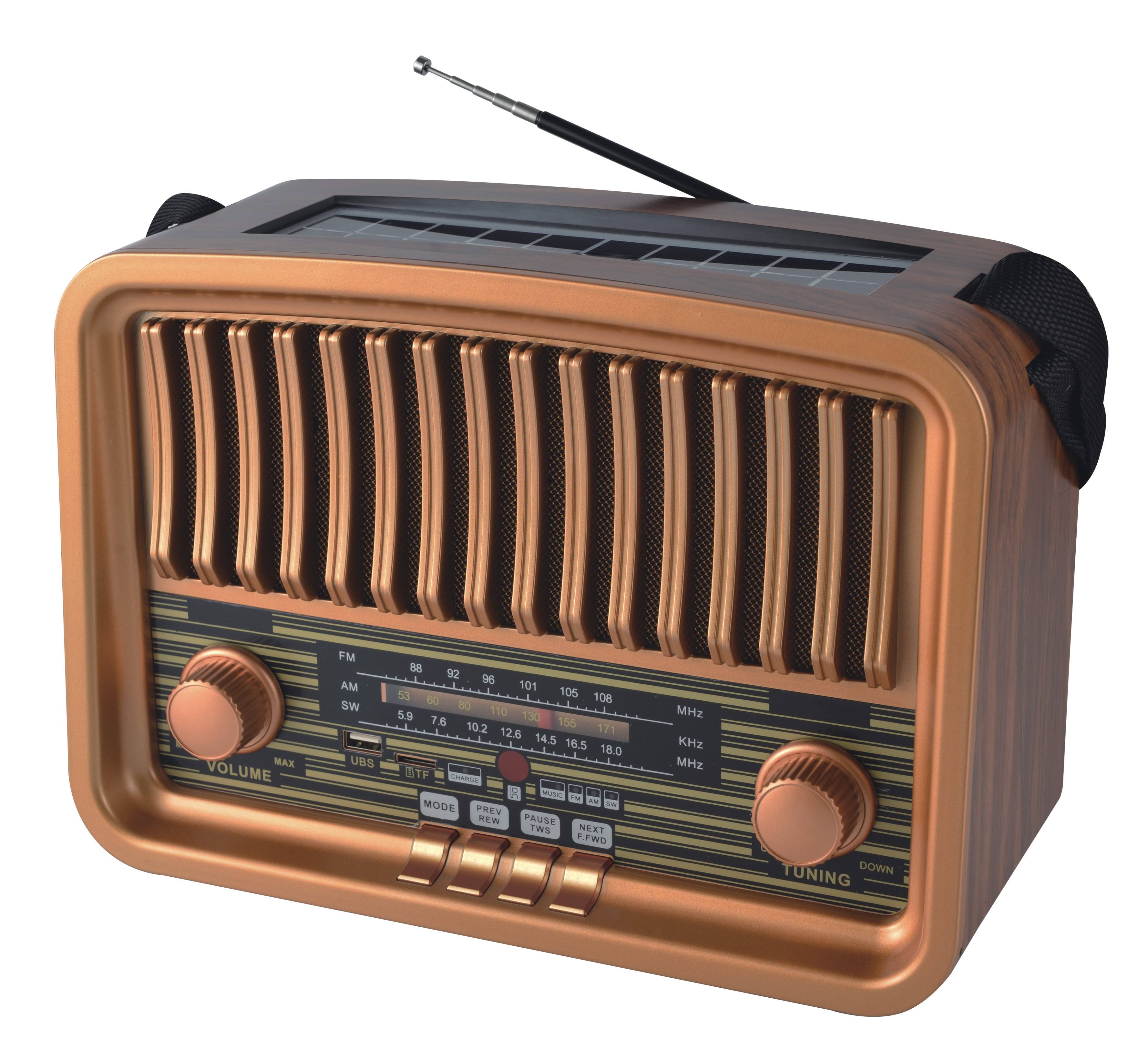 Vintage Multi-Function Rechargeable Solar Bluetooth Speaker with Radio, 2.4G Audio & Card Slot with Remote