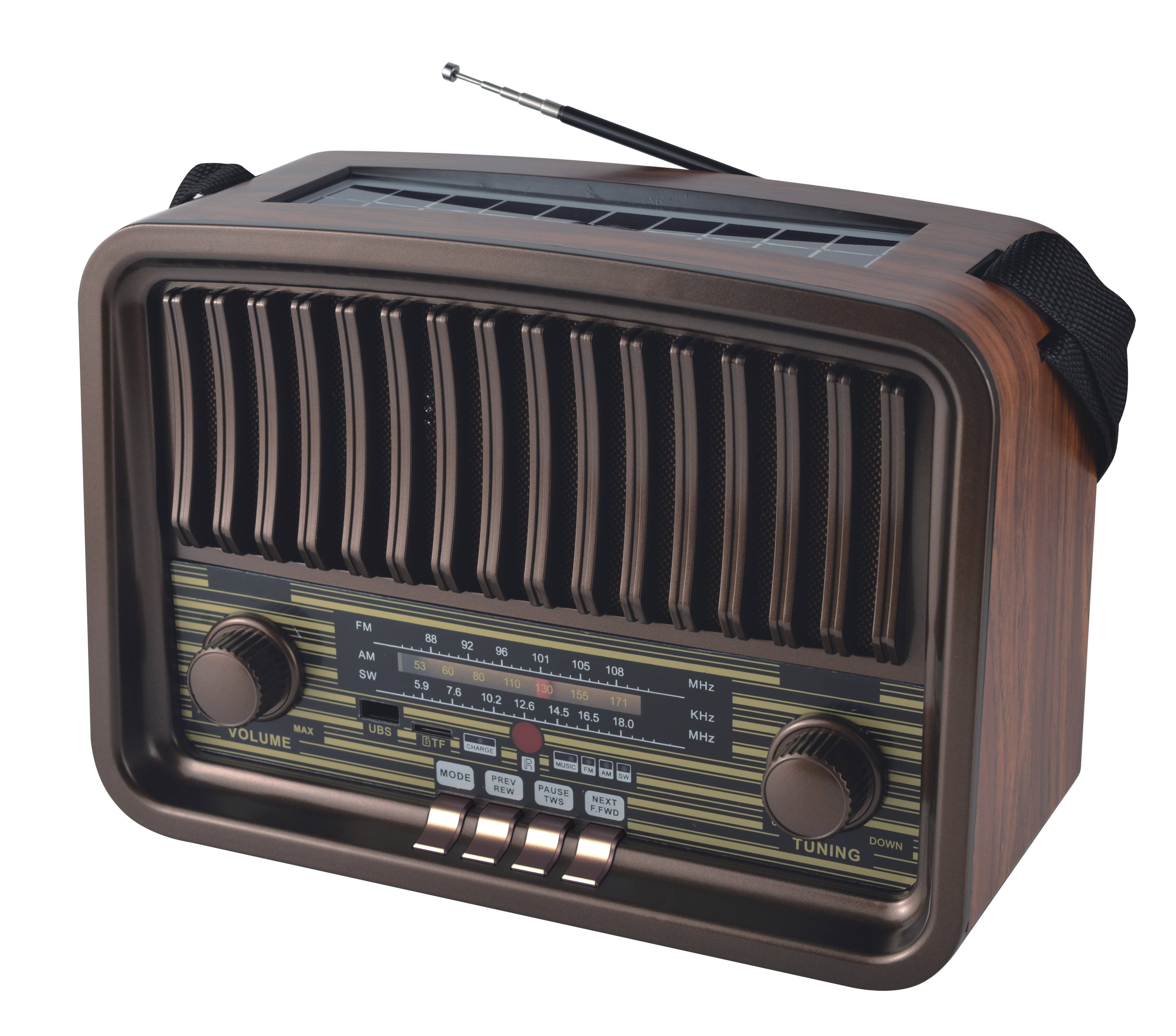 Vintage Multi-Function Rechargeable Solar Bluetooth Speaker with Radio, 2.4G Audio & Card Slot with Remote