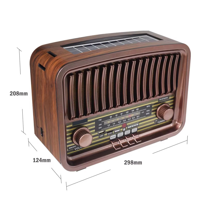 Vintage Multi-Function Rechargeable Solar Bluetooth Speaker with Radio, 2.4G Audio & Card Slot with Remote