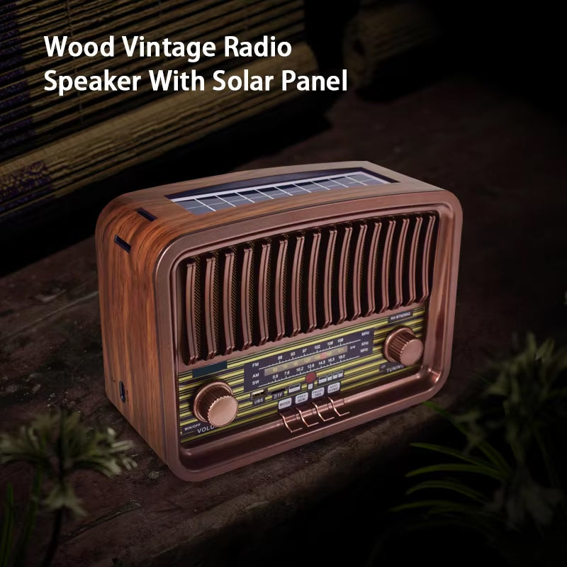 Vintage Multi-Function Rechargeable Solar Bluetooth Speaker with Radio, 2.4G Audio & Card Slot with Remote