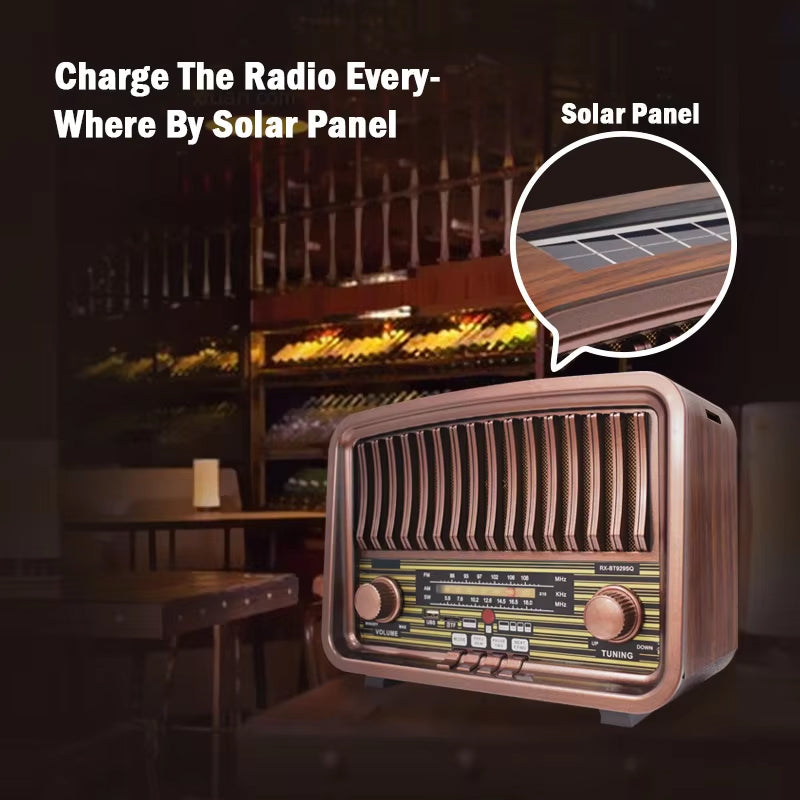 Vintage Multi-Function Rechargeable Solar Bluetooth Speaker with Radio, 2.4G Audio & Card Slot with Remote
