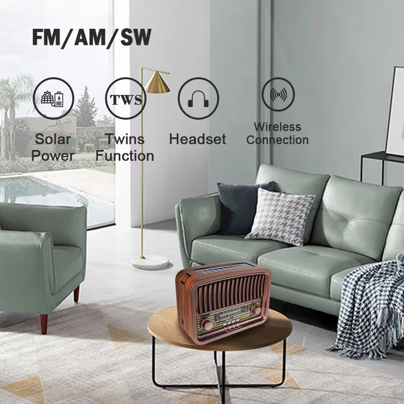Vintage Multi-Function Rechargeable Solar Bluetooth Speaker with Radio, 2.4G Audio & Card Slot with Remote