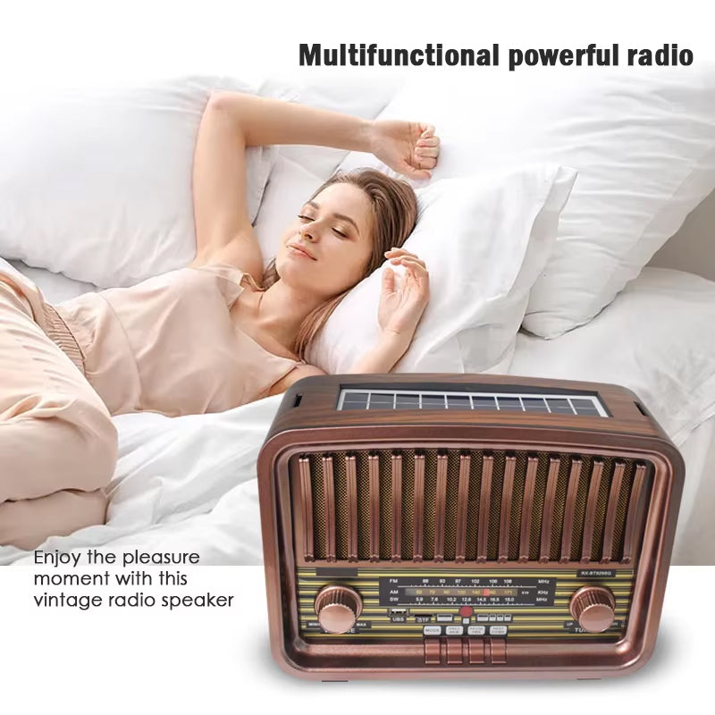 Vintage Multi-Function Rechargeable Solar Bluetooth Speaker with Radio, 2.4G Audio & Card Slot with Remote