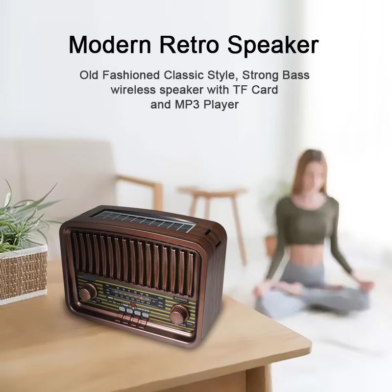 Vintage Multi-Function Rechargeable Solar Bluetooth Speaker with Radio, 2.4G Audio & Card Slot with Remote
