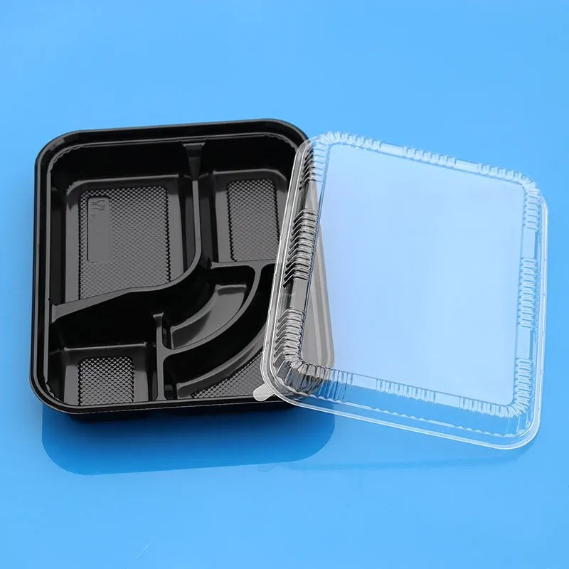 5-Compartment Disposable Plastic Food Container with Lid - 26.5 x 20.5 x 5 cm