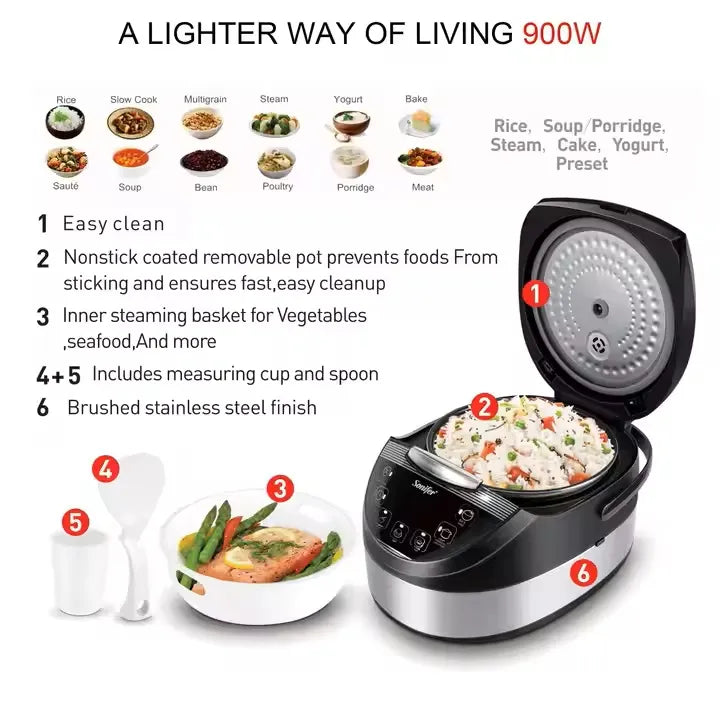 Sonifer Digital 5L Rice Cooker & Multicooker with 6 Programs, Nonstick Coated Pot, LED Display - 900W & 20 Cup Capacity