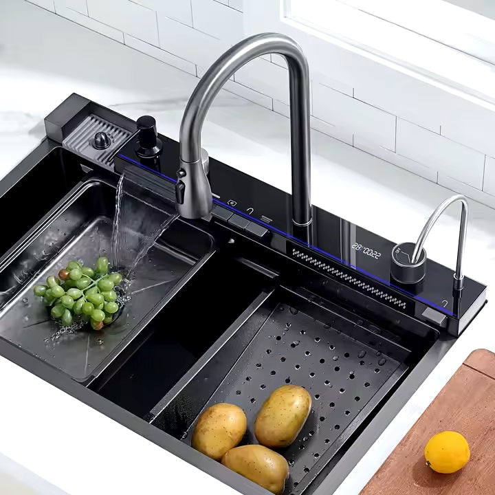 Premium Smart Stainless Steel Kitchen Sink with Waterfall & Pull-Down Faucet, RO Tap, Glass Washer, Draining Baskets, Temperature Display & Controller - 30 x 20 x 10 inch