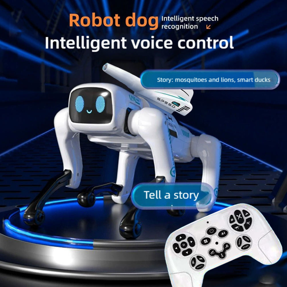 Mech Guardian Intelligent RC Robot Dog Toy with Water Bomb Launcher, LED Eyes, Dancing, and Educational Modes - Rechargeable & Mobile App Controllable