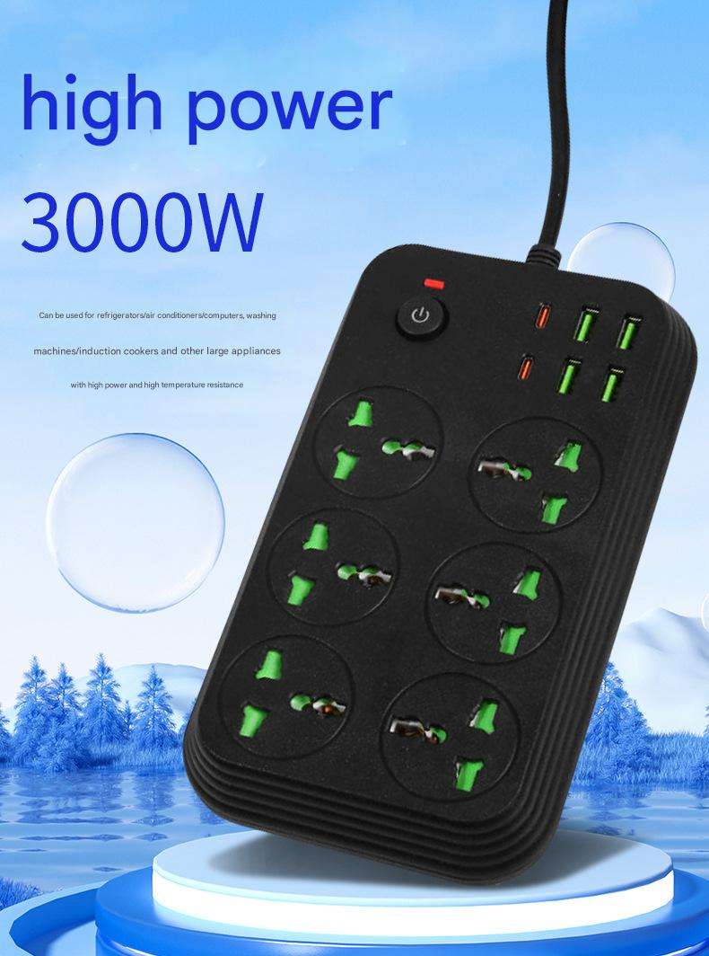 Power Socket T24, 3000W High Power Multi-Function Extension Strip with 6 Outlets, 4 USB-A Ports, 2 Type-C Ports, 2m Cable, Flame Retardant Safety Design