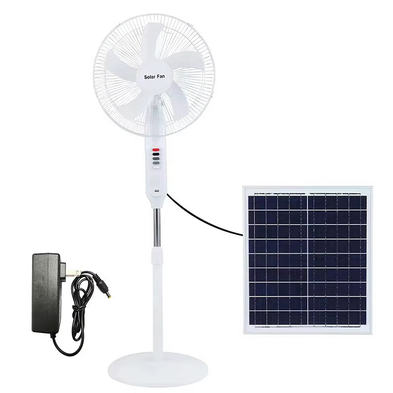 3-in-1 Rechargeable Solar Standing Fan – 16 Inch | Adjustable Height, LED Light, Speed Control & USB Charging Port