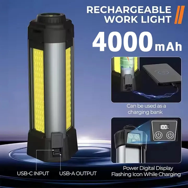 2 Leafe Super Bright Cordless LED Camping Work Light with Adjustable Height and Power Bank Functionality - 1500 Lumens & 4000 mAh Battery