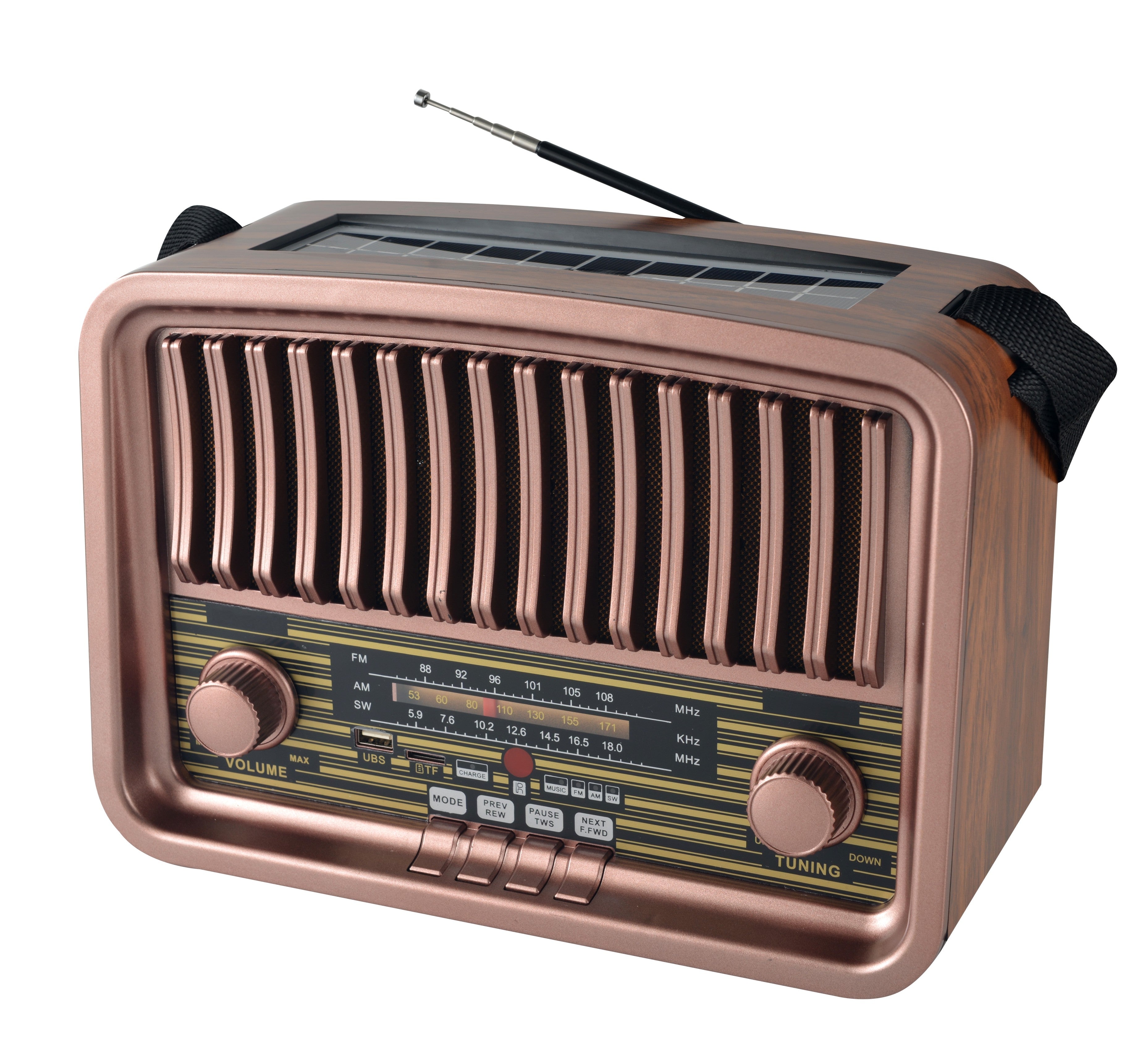 Vintage Multi-Function Rechargeable Solar Bluetooth Speaker with Radio, 2.4G Audio & Card Slot with Remote
