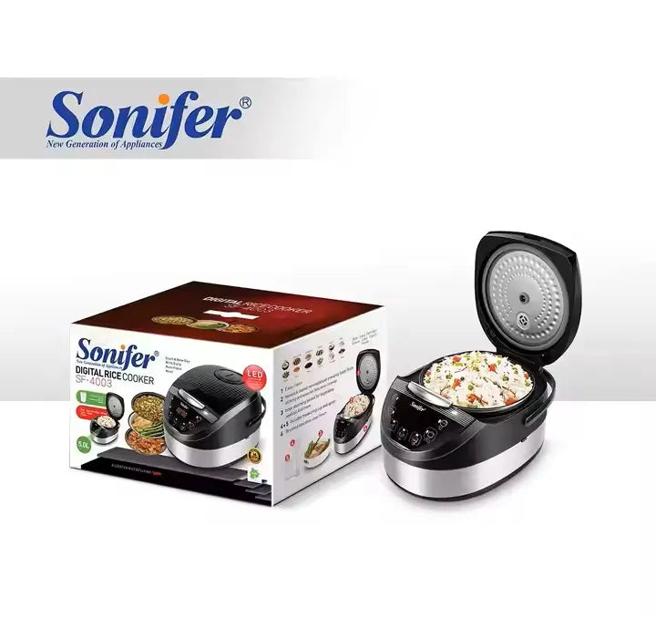 Sonifer Digital 5L Rice Cooker & Multicooker with 6 Programs, Nonstick Coated Pot, LED Display - 900W & 20 Cup Capacity