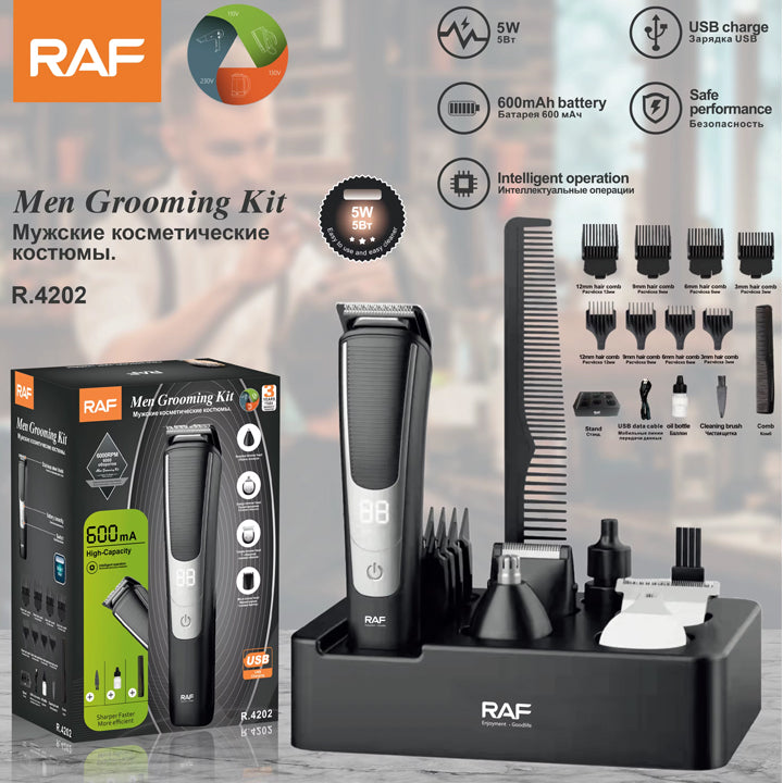 RAF 14-in-1 Rechargeable Men’s Grooming Kit with Stainless Steel Blades & 6000 RPM Motor