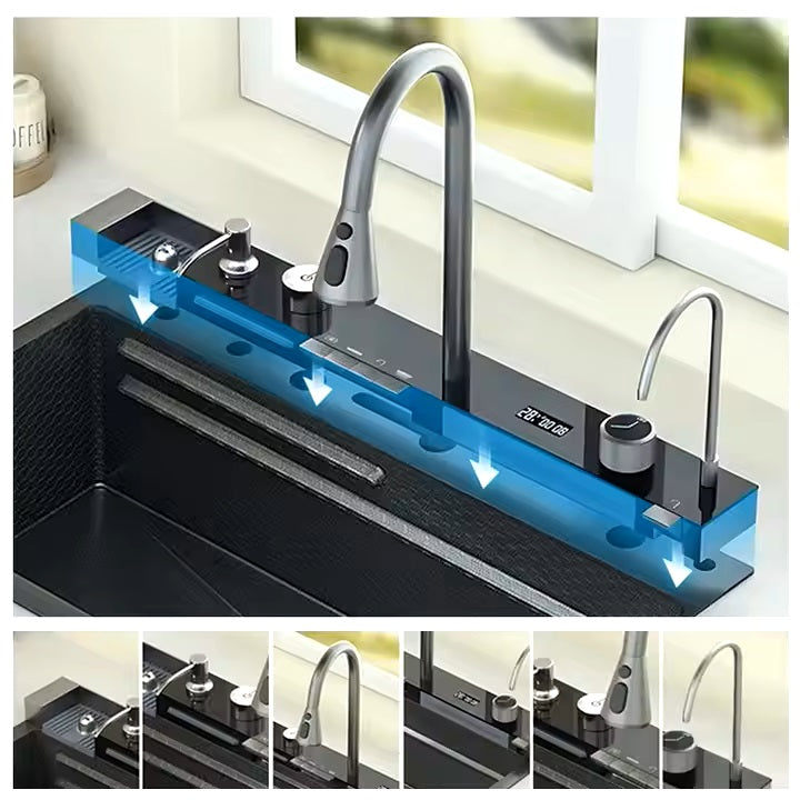 Premium Smart Stainless Steel Kitchen Sink with Waterfall & Pull-Down Faucet, RO Tap, Glass Washer, Draining Baskets, Temperature Display & Controller - 30 x 20 x 10 inch