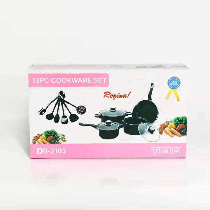 13-Piece Non-Stick Metal Cookware Set with Tempered Glass Lids, Comfort-Grip Handles & Eco-Friendly Coating – Sizes from 14 cm to 22 cm