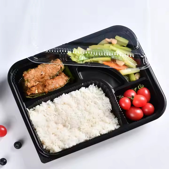 5-Compartment Disposable Plastic Food Container with Lid - 26.5 x 20.5 x 5 cm