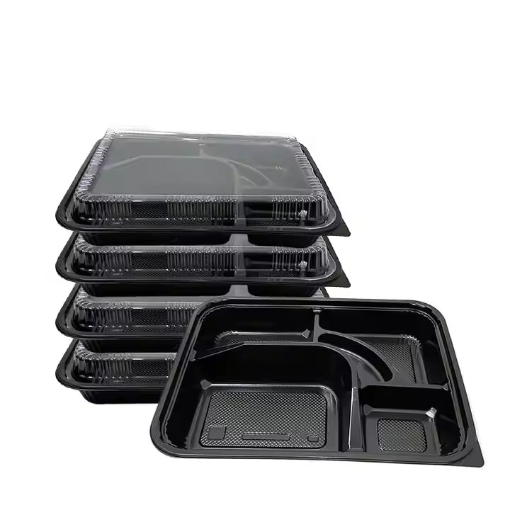 5-Compartment Disposable Plastic Food Container with Lid - 26.5 x 20.5 x 5 cm