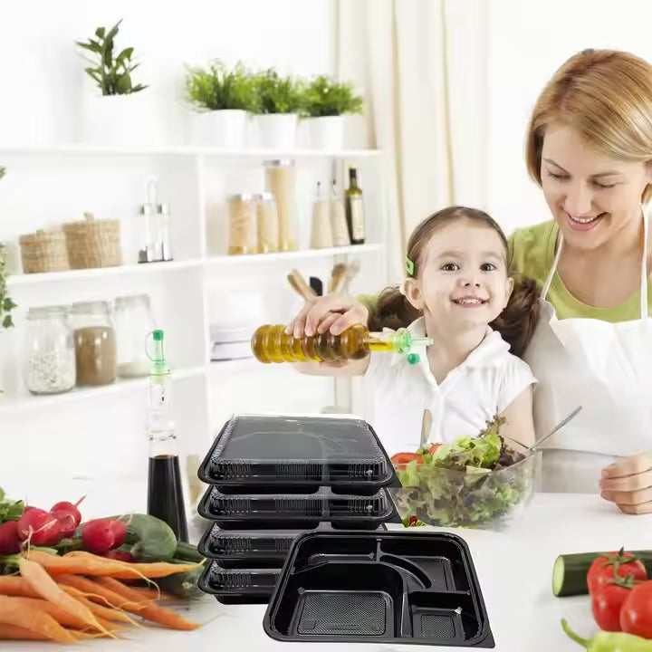 5-Compartment Disposable Plastic Food Container with Lid - 26.5 x 20.5 x 5 cm