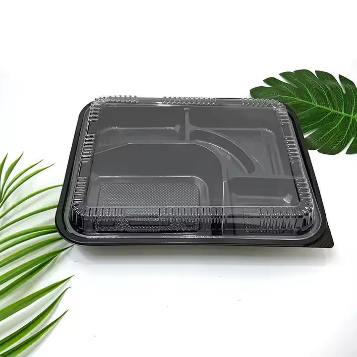 5-Compartment Disposable Plastic Food Container with Lid - 26.5 x 20.5 x 5 cm