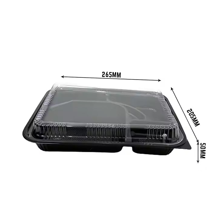 5-Compartment Disposable Plastic Food Container with Lid - 26.5 x 20.5 x 5 cm