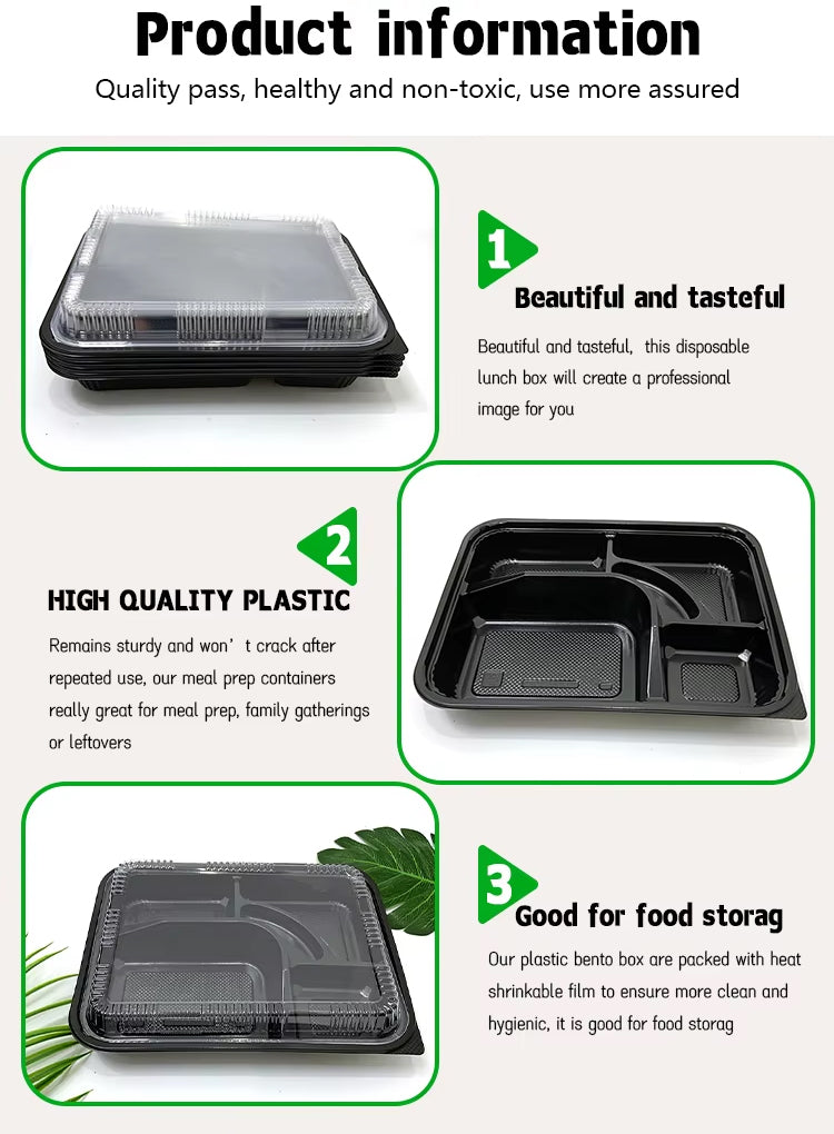 5-Compartment Disposable Plastic Food Container with Lid - 26.5 x 20.5 x 5 cm