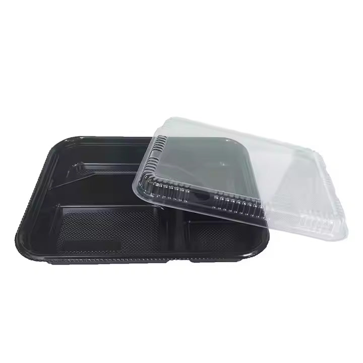 5-Compartment Disposable Plastic Food Container with Lid - 26.5 x 20.5 x 5 cm