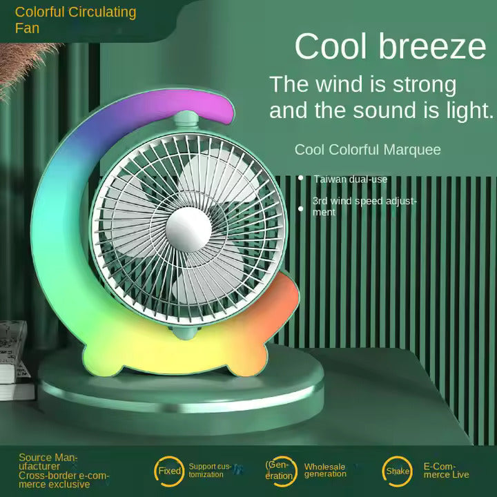 Adjustable Rechargeable Desktop Fan with Colorful Ambient Lights, 3-Speed Cooling & 180° Rotation