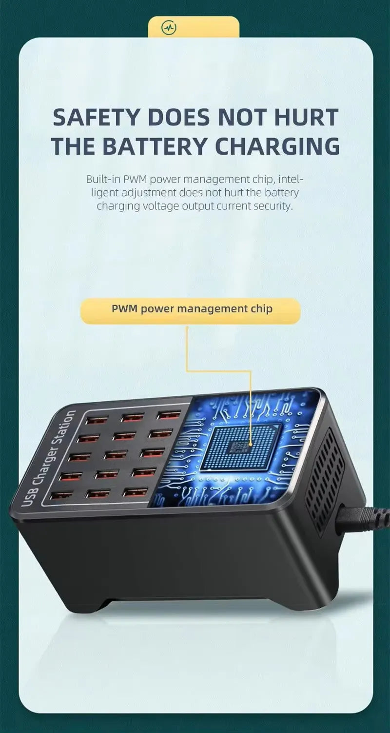 30-Port USB Charging Station with Fast Charging, Smart Ports, and Fireproof Material - 200W
