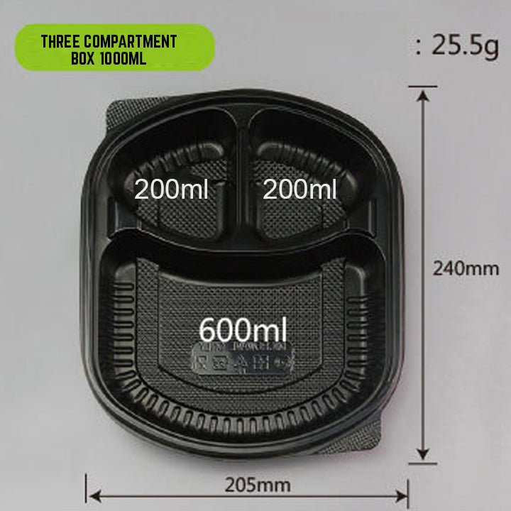 3-Compartment Disposable Plastic Food Container Box - 1000ml - 23.5 x 21 x 5.5 cm