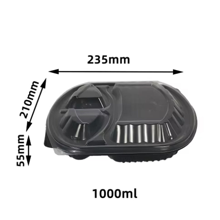 3-Compartment Disposable Plastic Food Container Box - 1000ml - 23.5 x 21 x 5.5 cm