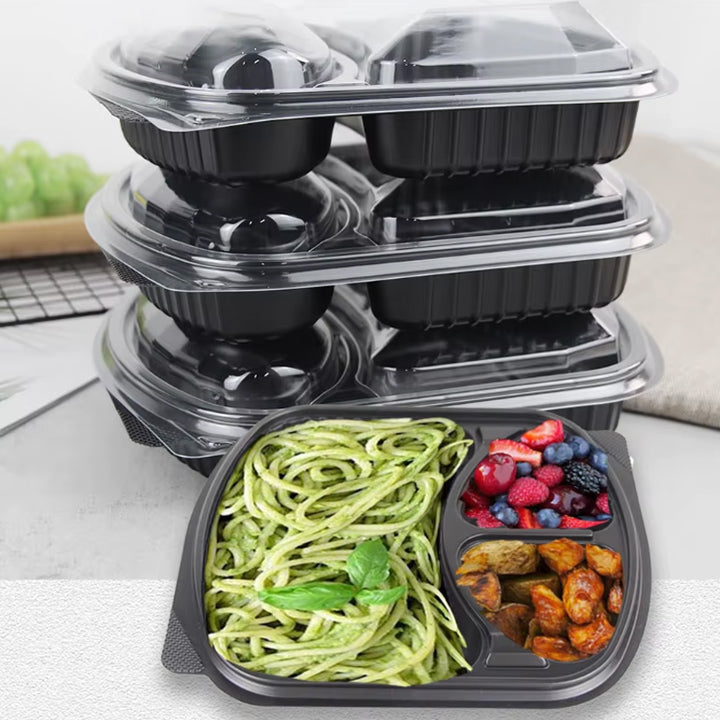 3-Compartment Disposable Plastic Food Container Box - 1000ml - 23.5 x 21 x 5.5 cm