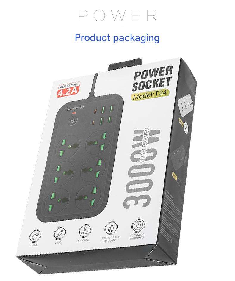 Power Socket T24, 3000W High Power Multi-Function Extension Strip with 6 Outlets, 4 USB-A Ports, 2 Type-C Ports, 2m Cable, Flame Retardant Safety Design