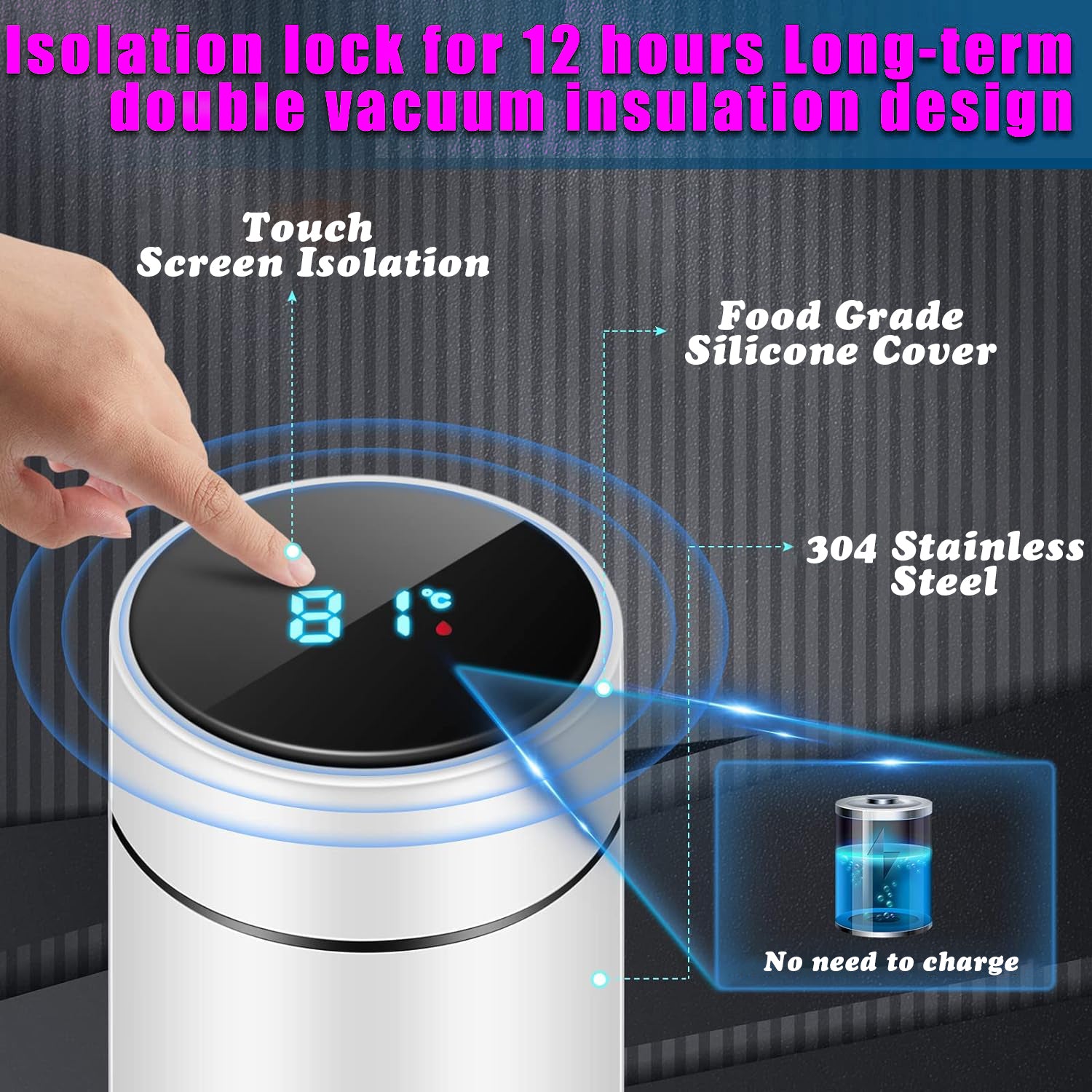 Smart LED Temperature Display Vacuum Flask 500ml with 304 Stainless Steel, Touch Screen, Anti-Skid Base & 12 Hour Hot & Cold Insulation