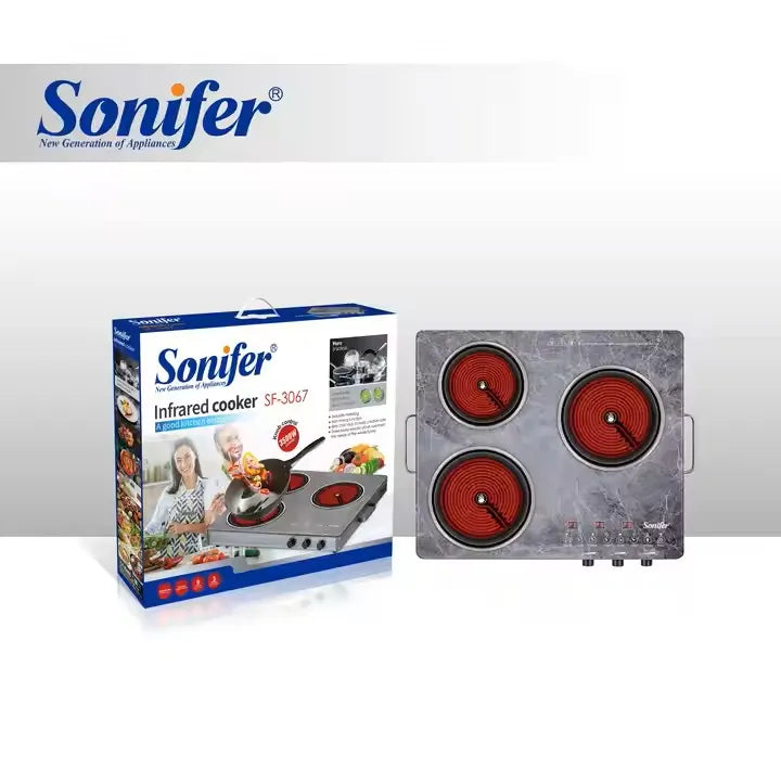 Sonifer 3-Burner Infrared Cooker with Knob Control & Tempered Glass Surface - 3500W