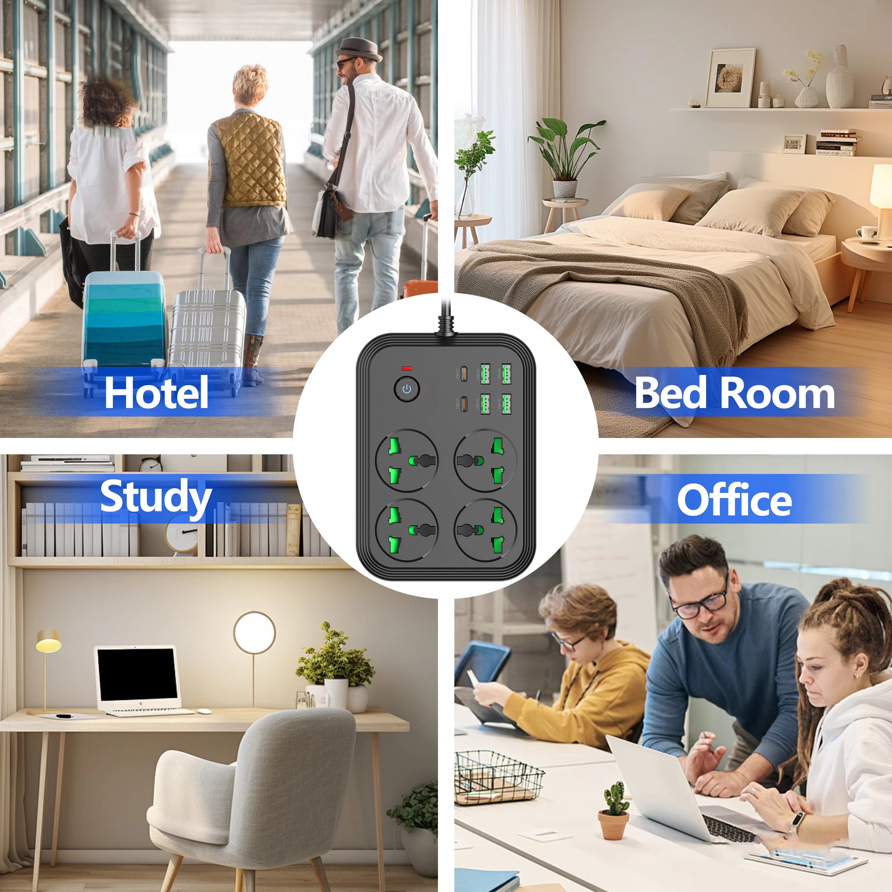 4-Way Universal Extension Board with Master Switch, 4 AC Sockets, 4 USB Ports, 2 Type-C PD Ports - 3000W Output