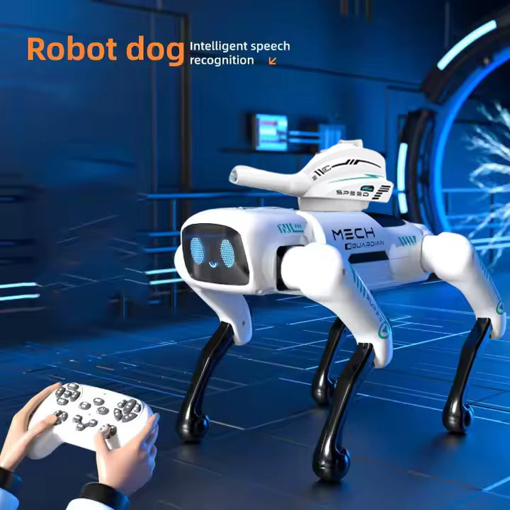 Mech Guardian Intelligent RC Robot Dog Toy with Water Bomb Launcher, LED Eyes, Dancing, and Educational Modes - Rechargeable & Mobile App Controllable